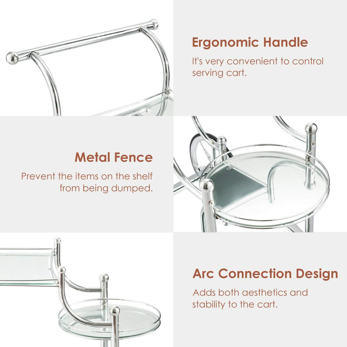 3-Tier Rolling Serving Cart with Tempered Glass
