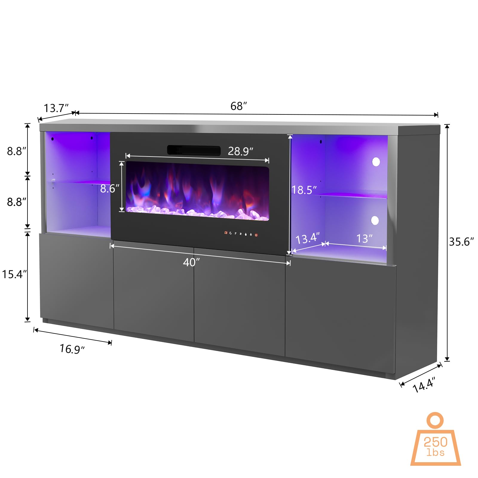 68" High Gloss Fireplace TV Stand with LED Lights