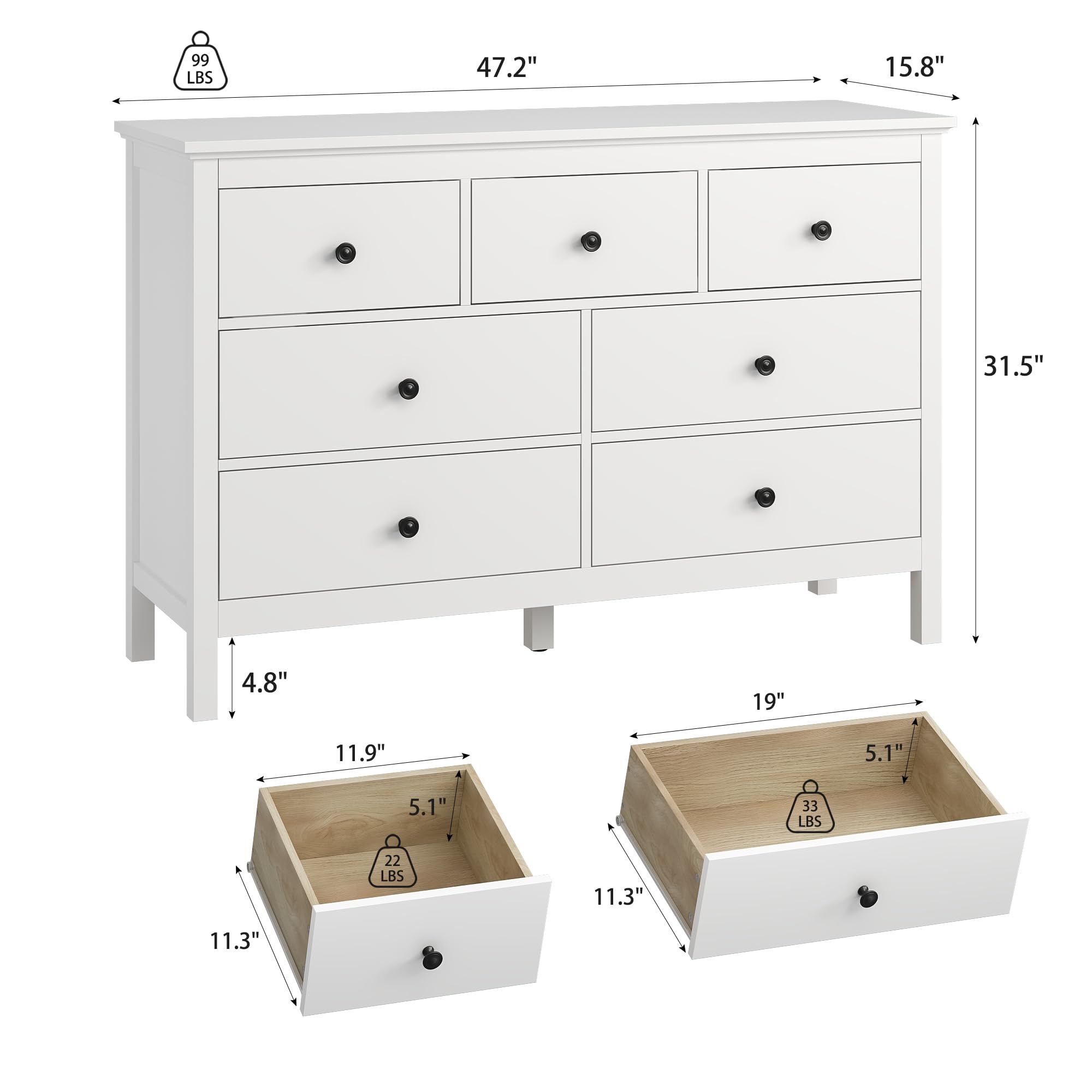 White Dresser with 7 Drawers 47 Inch Wide