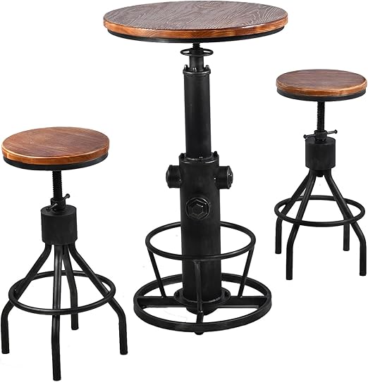 LOKKHAN 3-Piece Bar Table (38.6"-48.4") & 2 Backrest Stools (24"-30") Set for Pub Kitchen Dining Living Party Bistro Breakfast, Swivel Top, Height Adjustable, Most Weld, Space-Saving