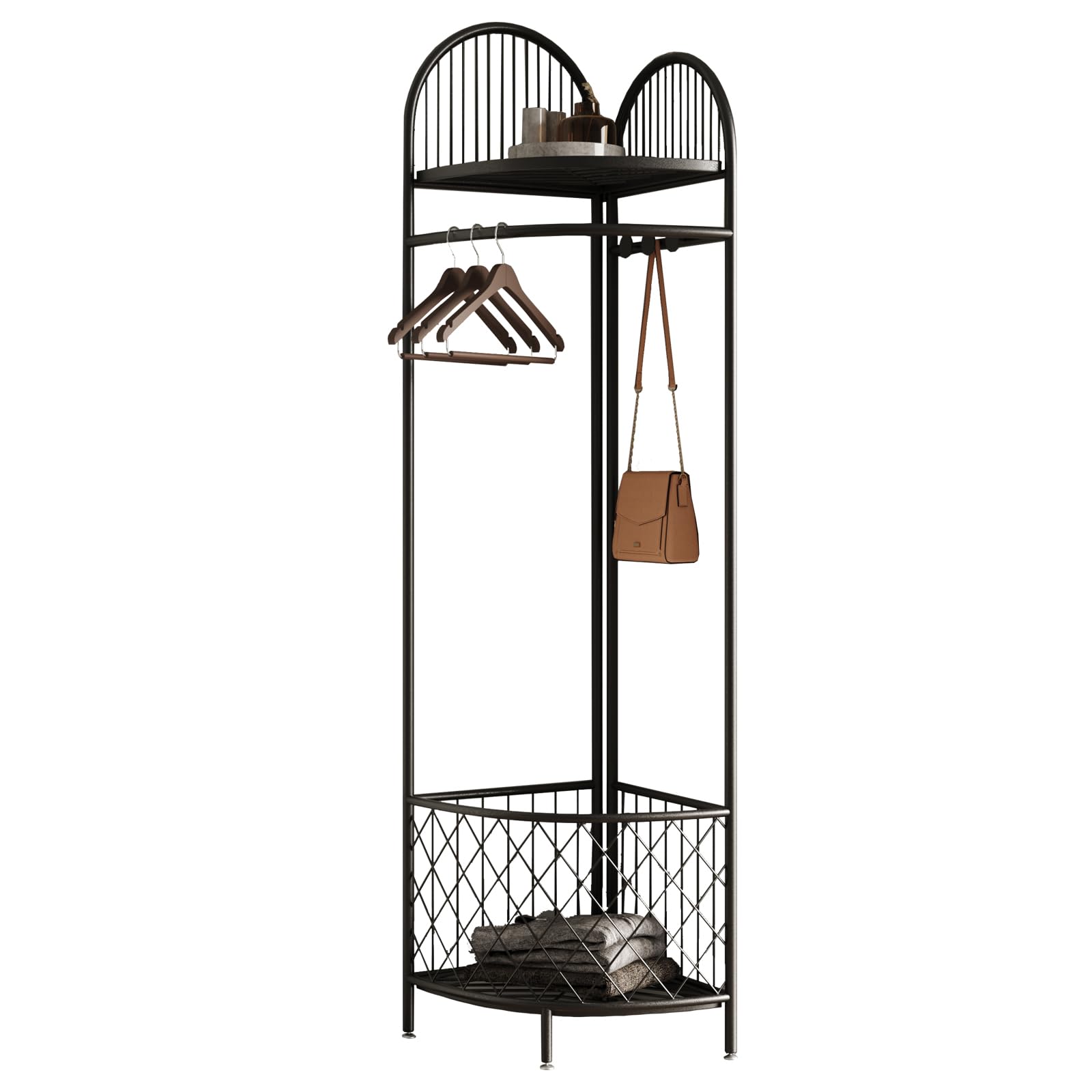 Corner Coat Rack with Storage and Hooks - Metal Hall Tree