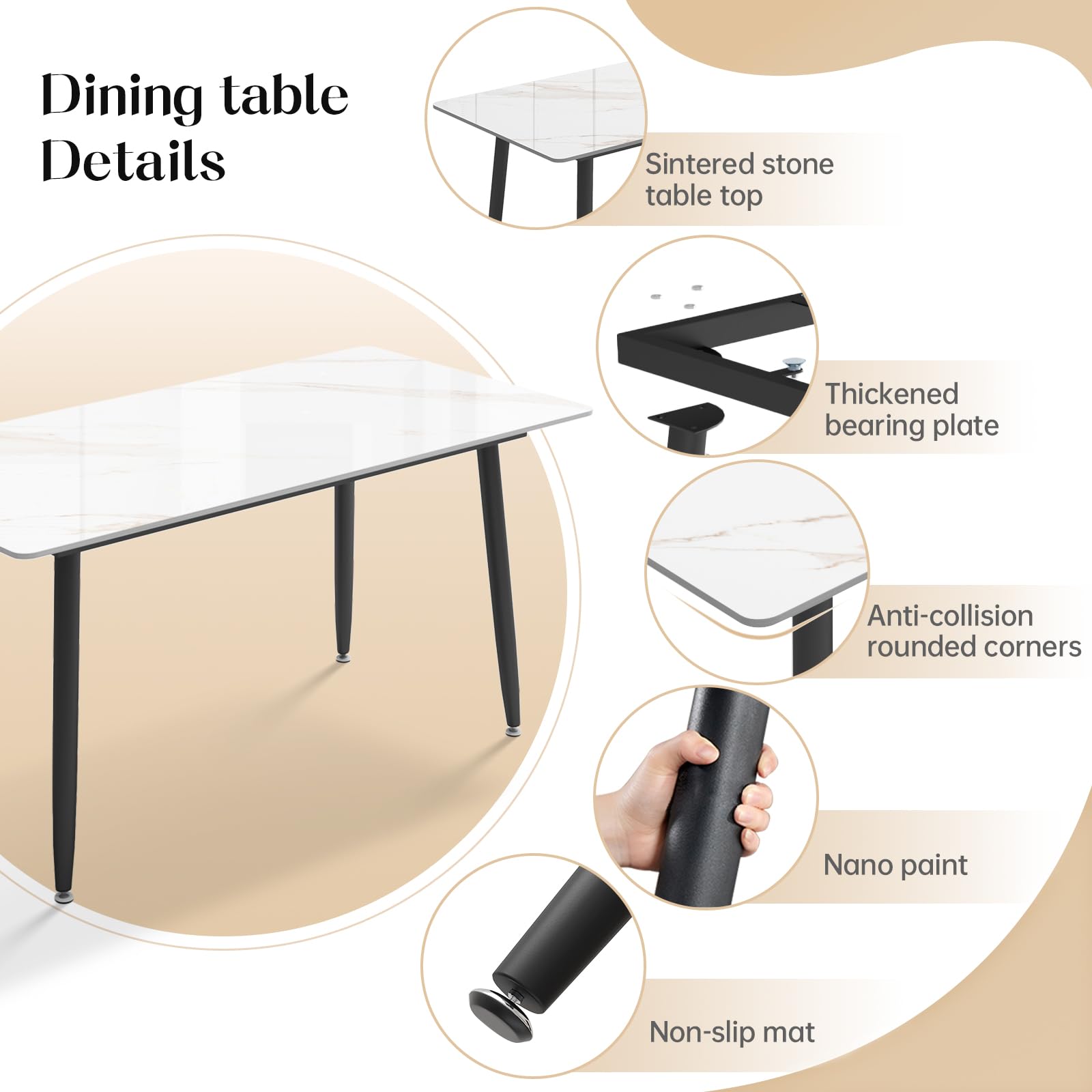 55" Rectangular Dining Table with Marble Sintered Stone Top