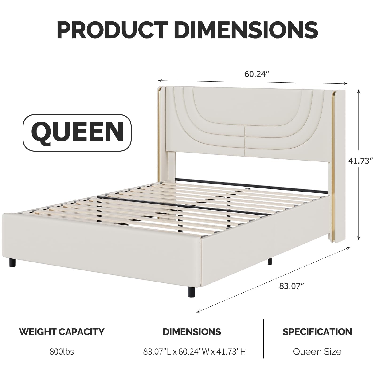 Queen Bed Frame with LED Lights and Faux Leather Upholstered Headboard