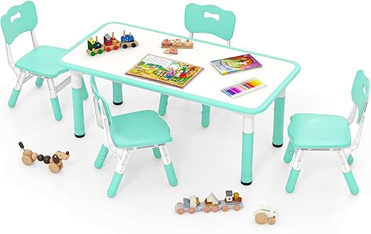 Height Adjustable Kids Table and 4 Chairs Set with Graffiti Desktop
