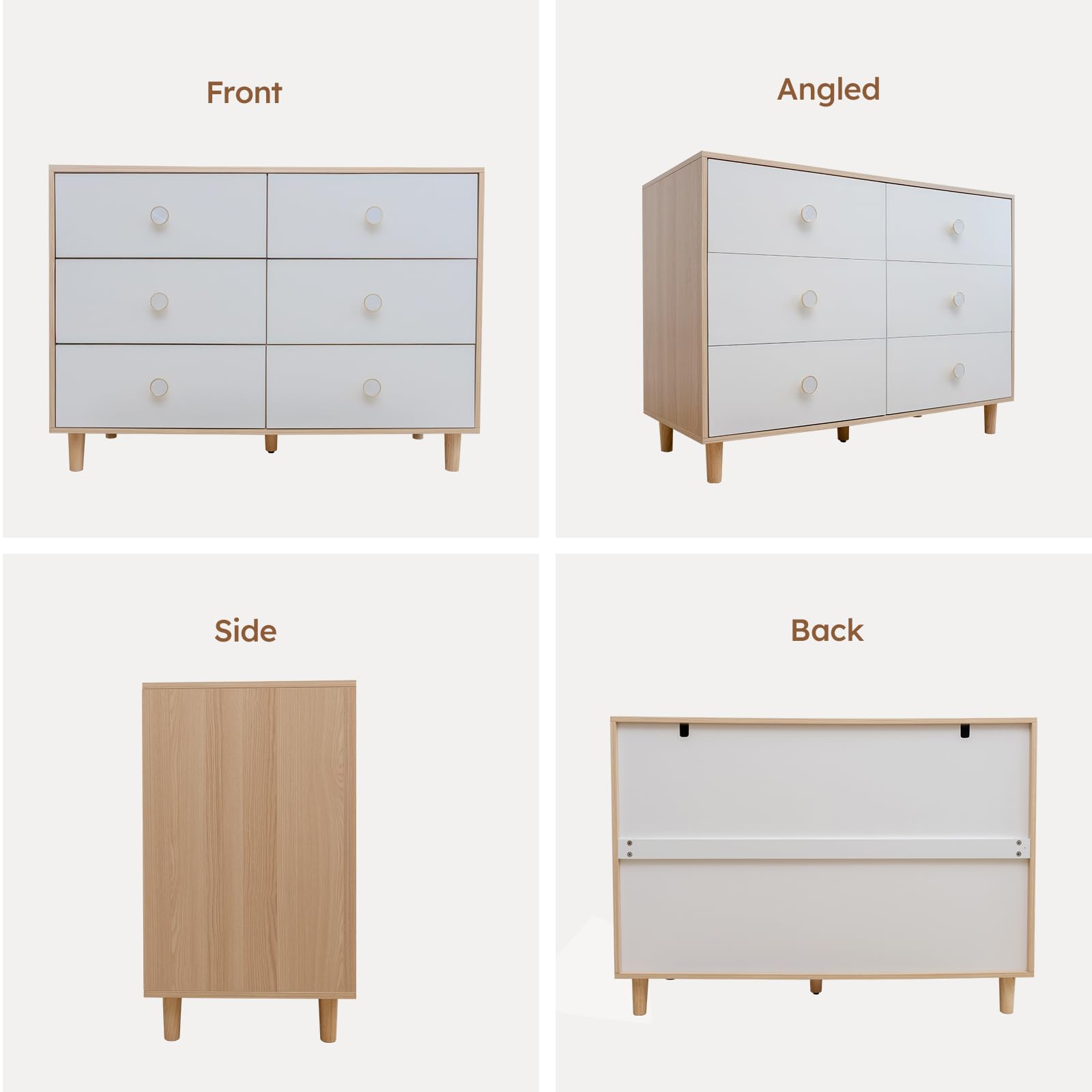 White 6 Drawer Dresser with Solid Wood Legs