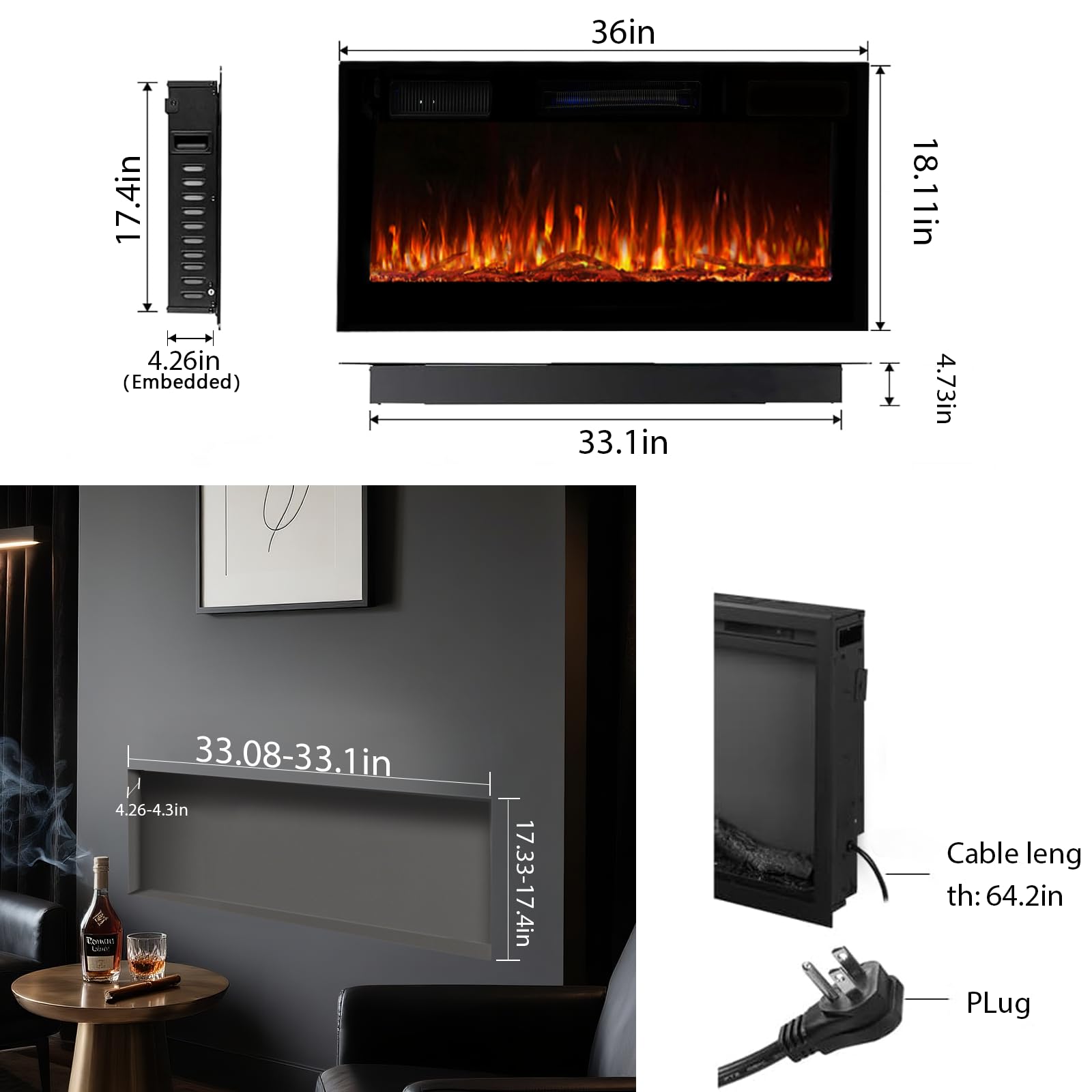 36" Electric Fireplace Insert with Remote Control