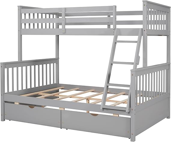 Wood Bunk Bed Twin Over Full with Storage Drawers