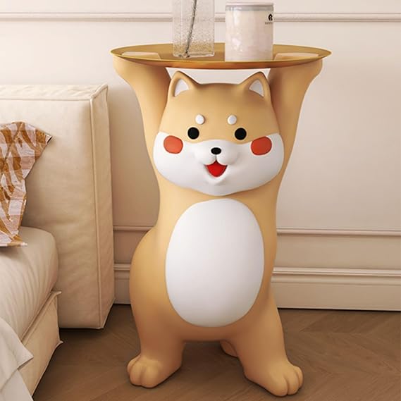 Whimsical Cat Statue Side Table with Gold Tray