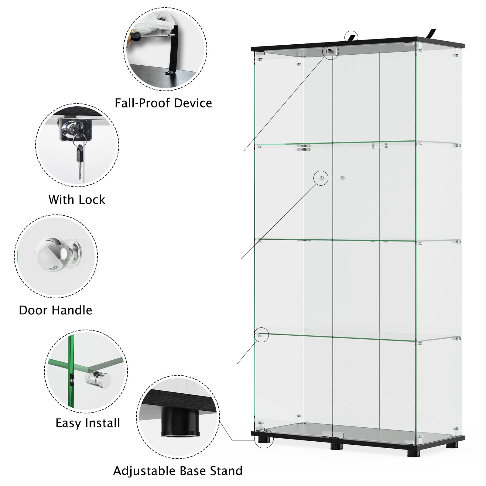 Glass Display Cabinet with 4 Shelves Double Doors Black