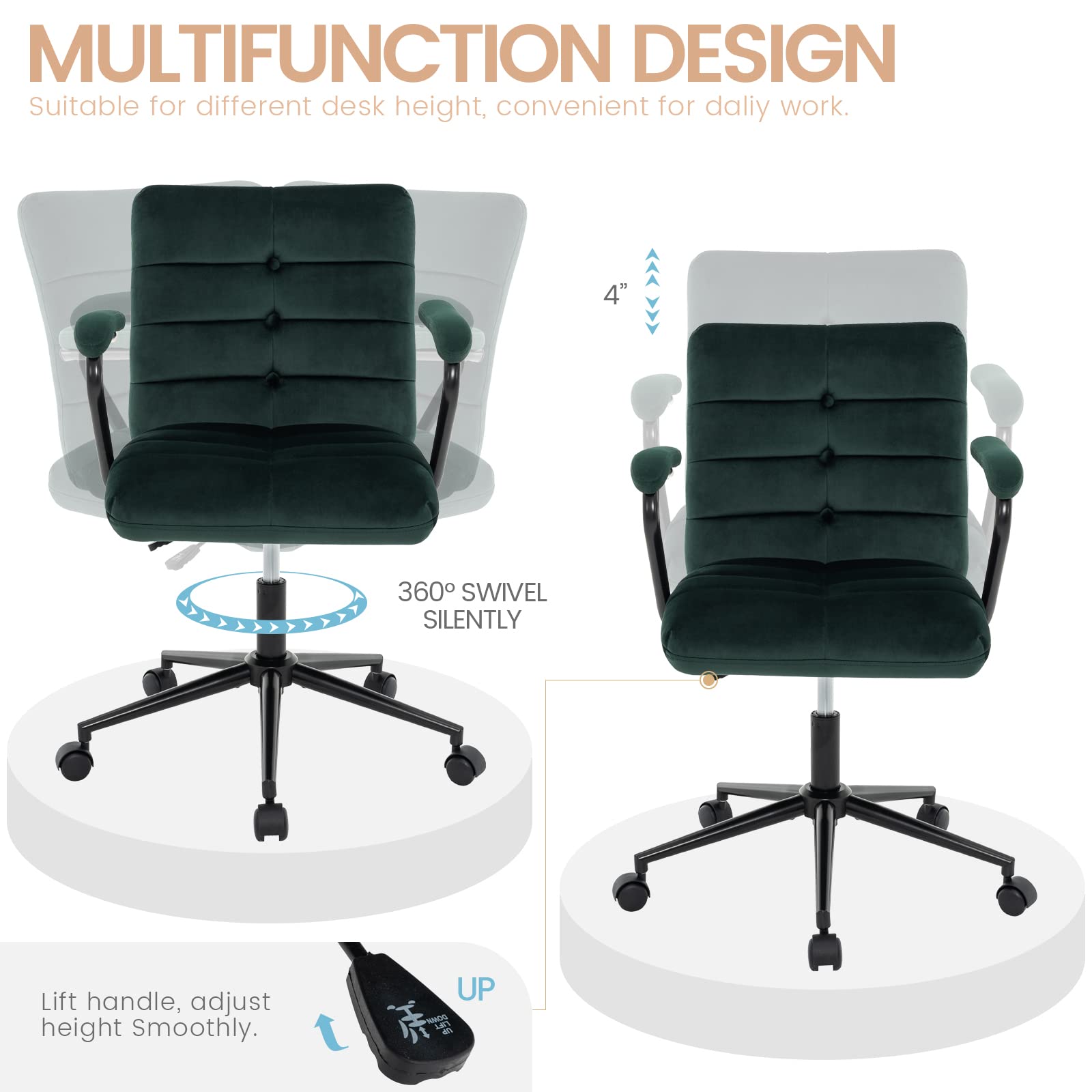 Velvet Home Office Desk Chair with Wheels