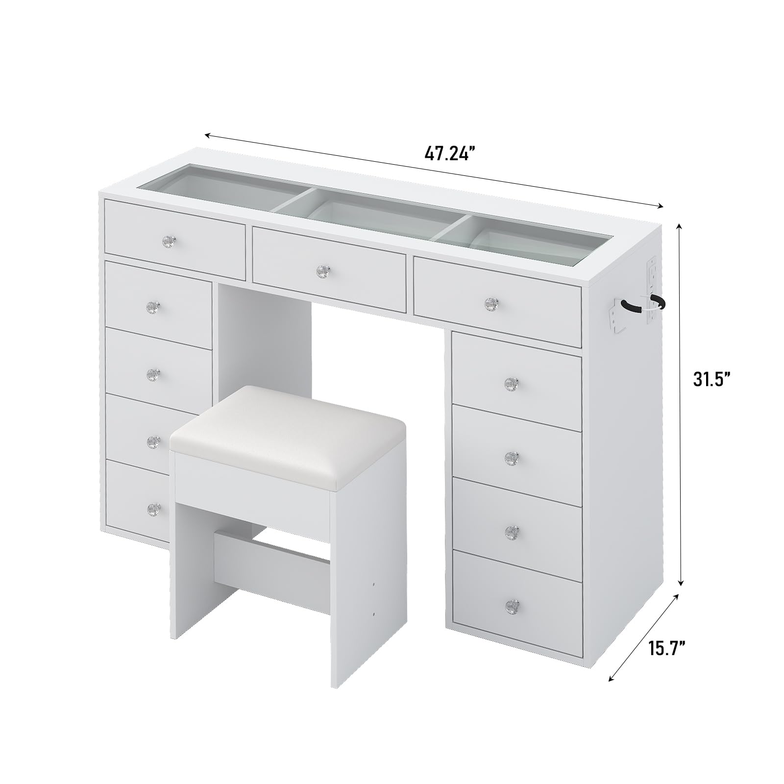 47" Glass Top Vanity Desk with 11 Drawers and Charging Station