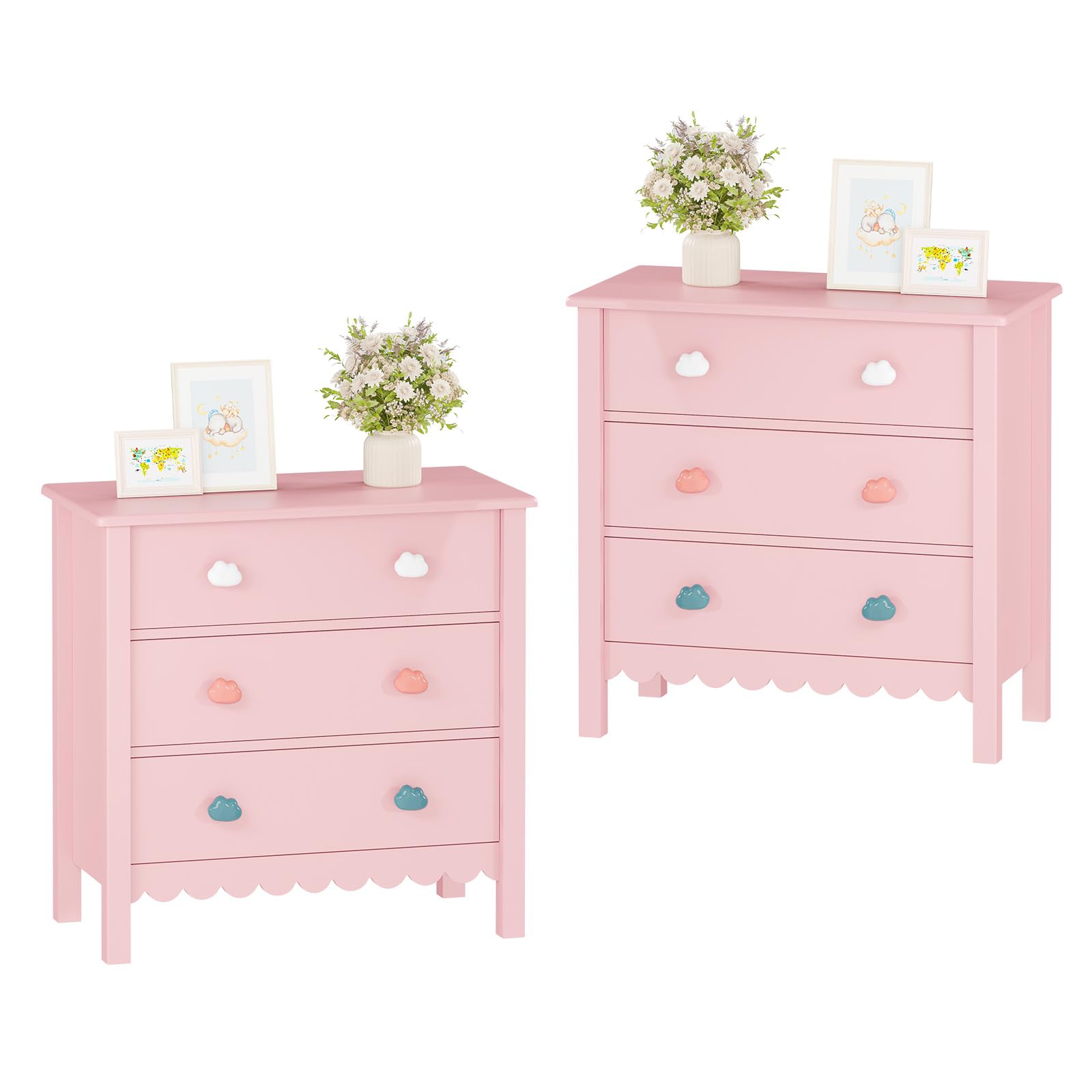 Pink 3 Drawer Nightstand Set of 2