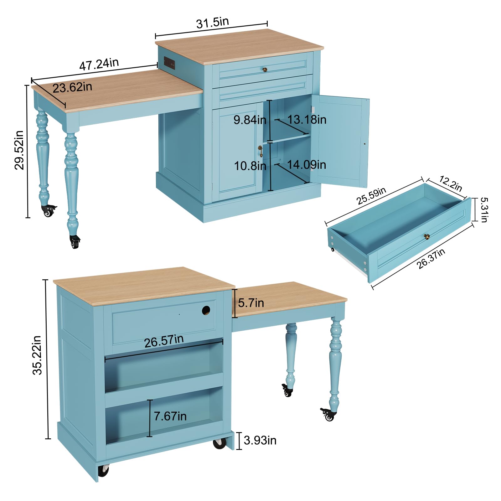 72" Extendable Kitchen Island with Power Outlet and Storage