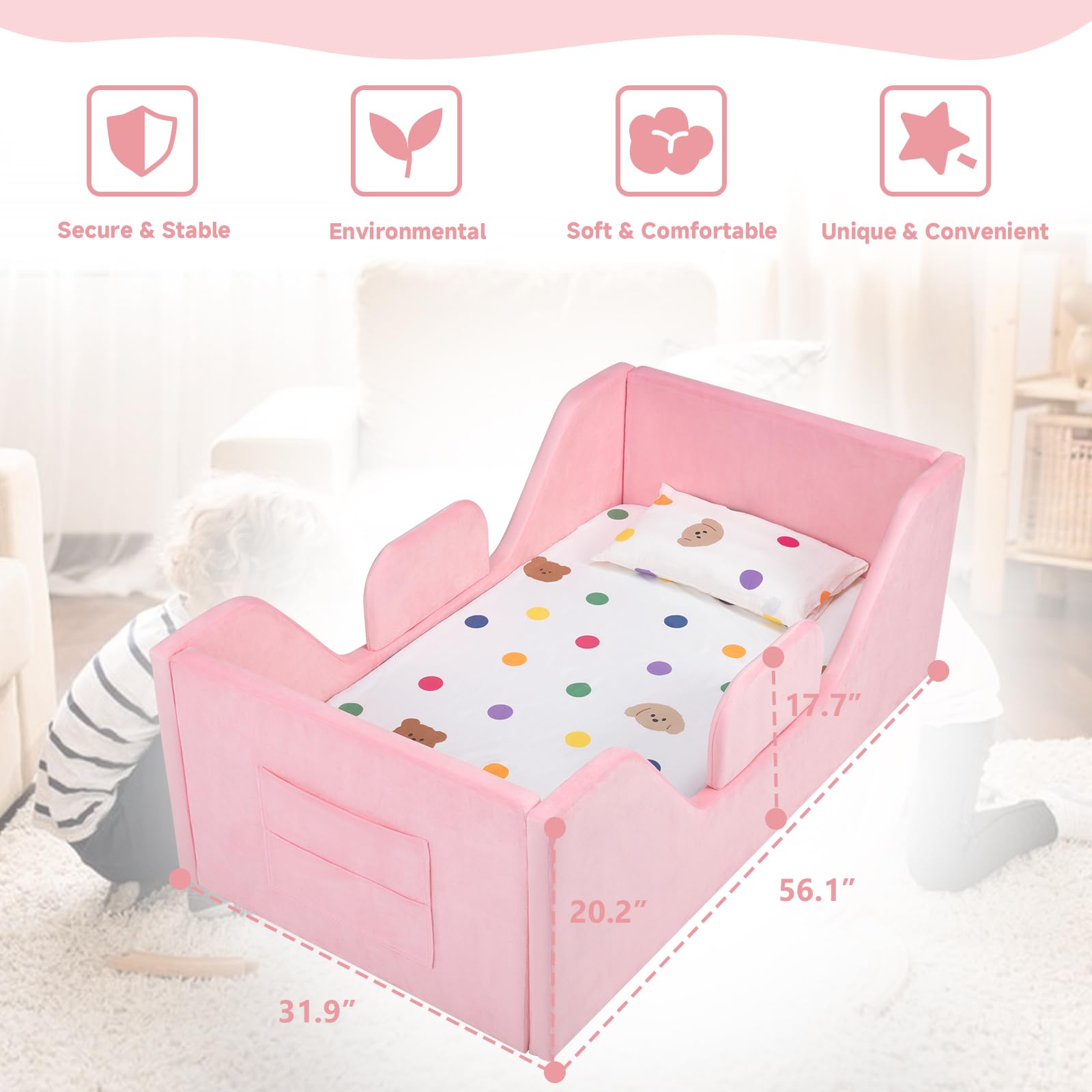 Zumspiel Toddler Floor Bed with Removable Safety Rails and Storage Bag, Kids Bed for Girl and Boys, Standard Crib Size, Safety Upholstered Child Beds, Low to Floor Design