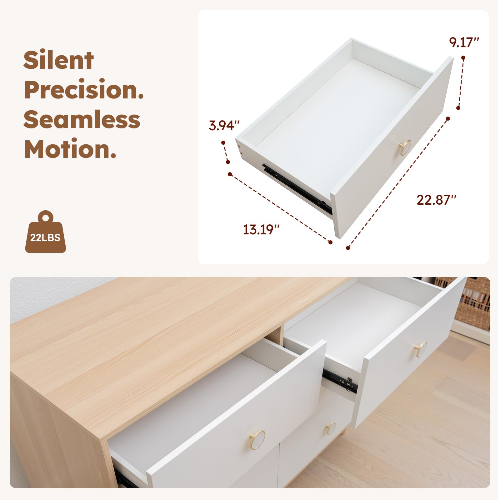White 6 Drawer Dresser with Solid Wood Legs