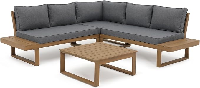 4-Piece Acacia Wood L-Shaped Outdoor Sectional Sofa Set