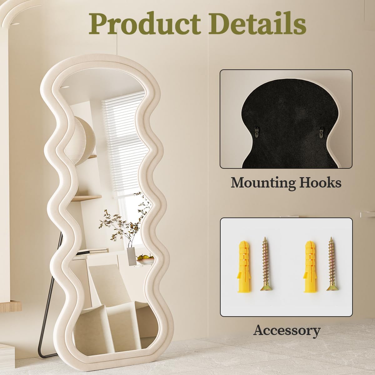 Wavy Full Length Floor Mirror 71x32 White Flannel Frame