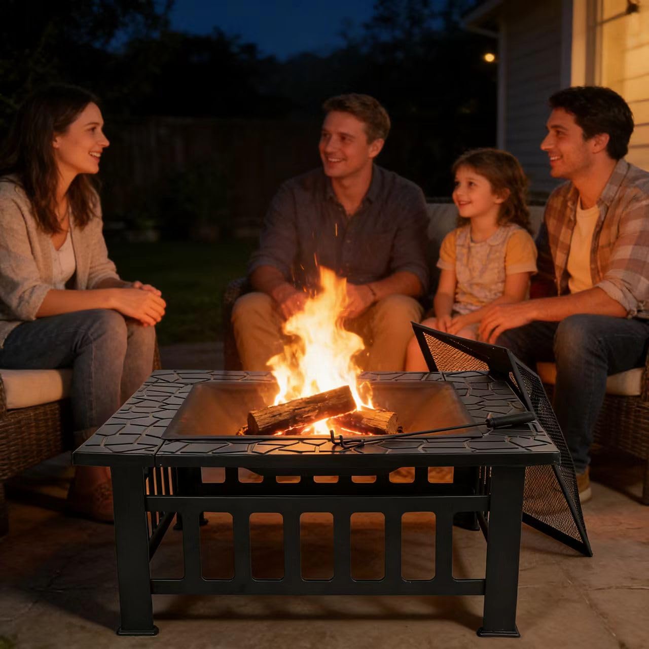 32 Inch Outdoor Fire Pit with Grill Wood Burning Square Metal