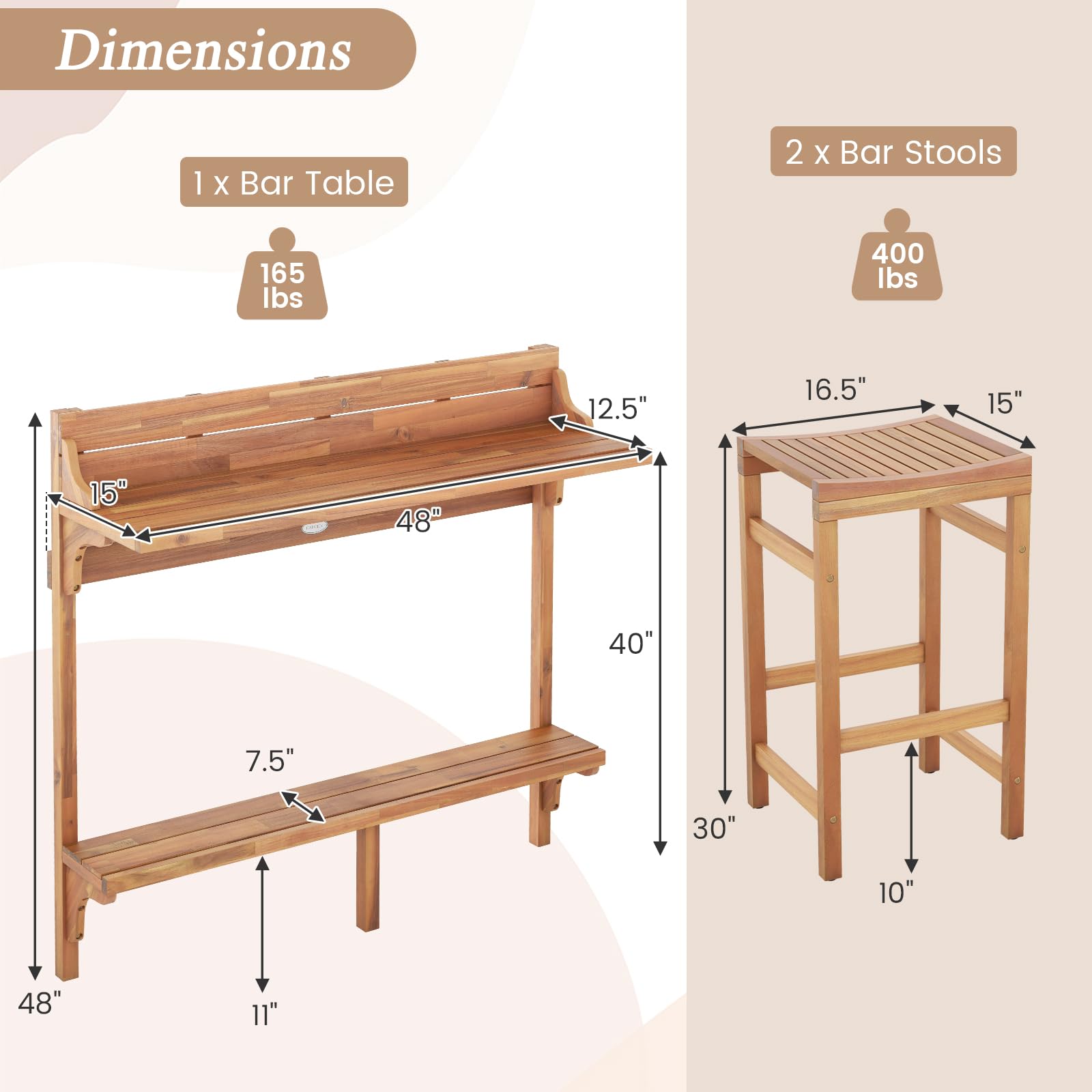 3-Piece Acacia Wood Balcony Bar Set with Stools