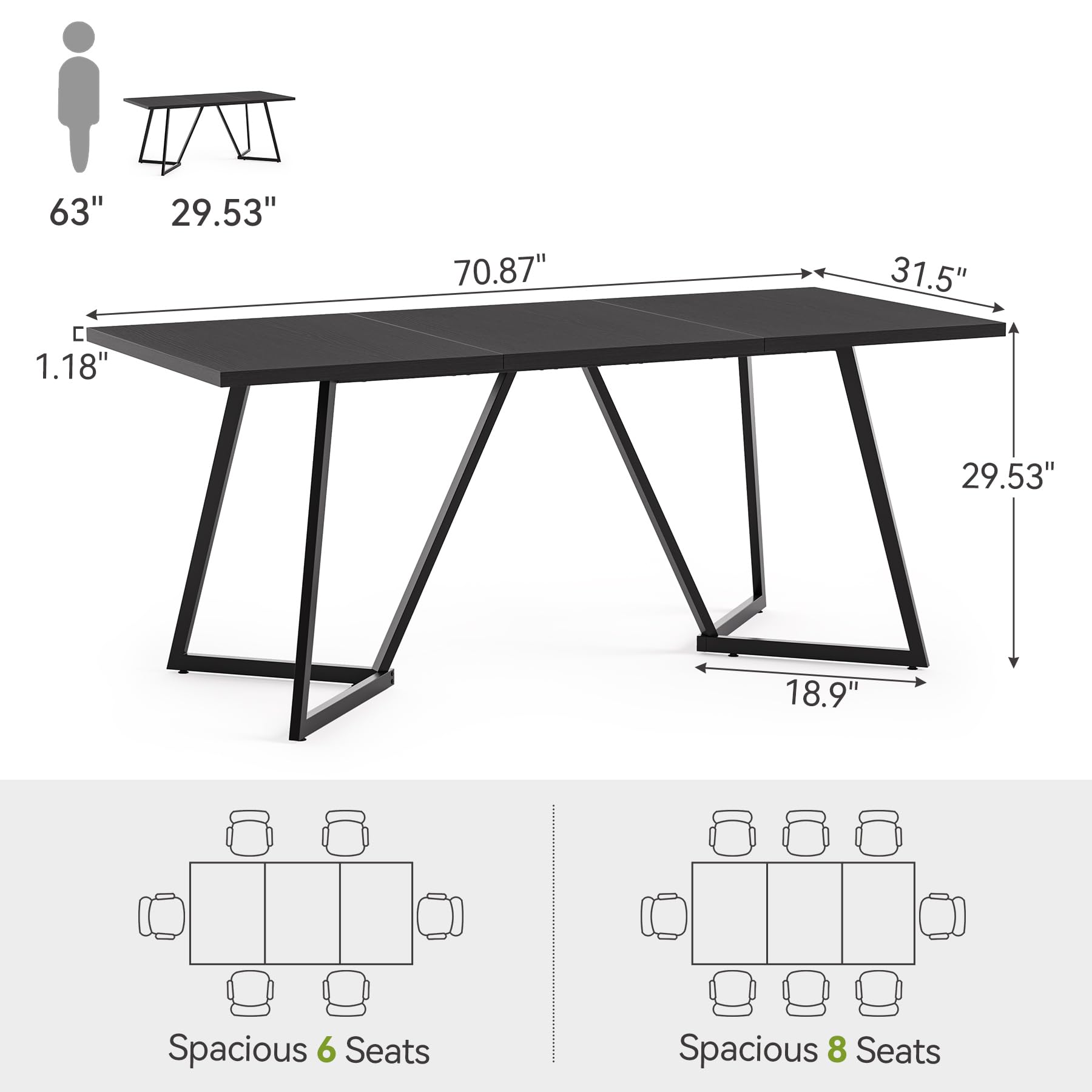 70.86-Inch Black Conference Table for 8