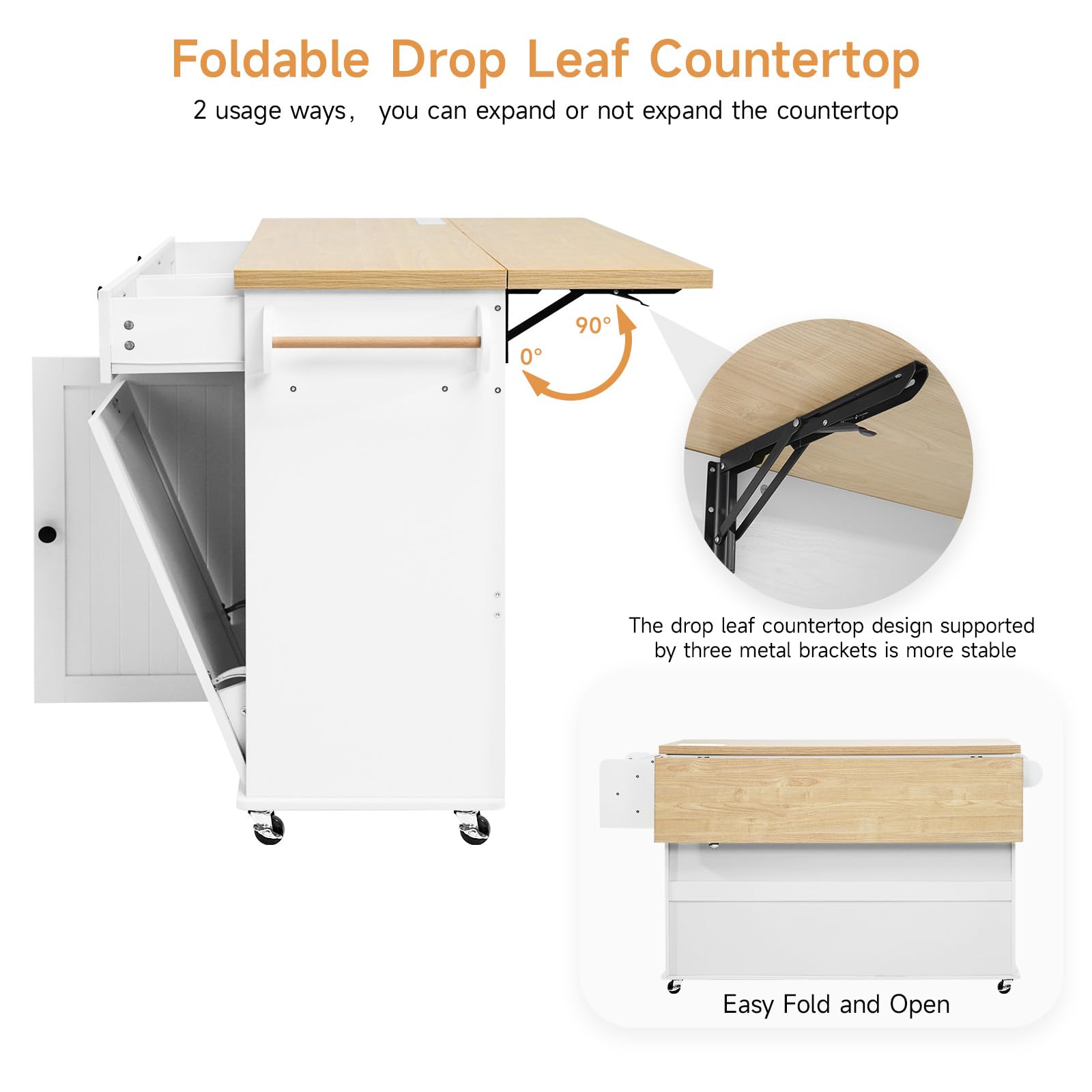 60" Kitchen Island with Power Outlet and Drop Leaf