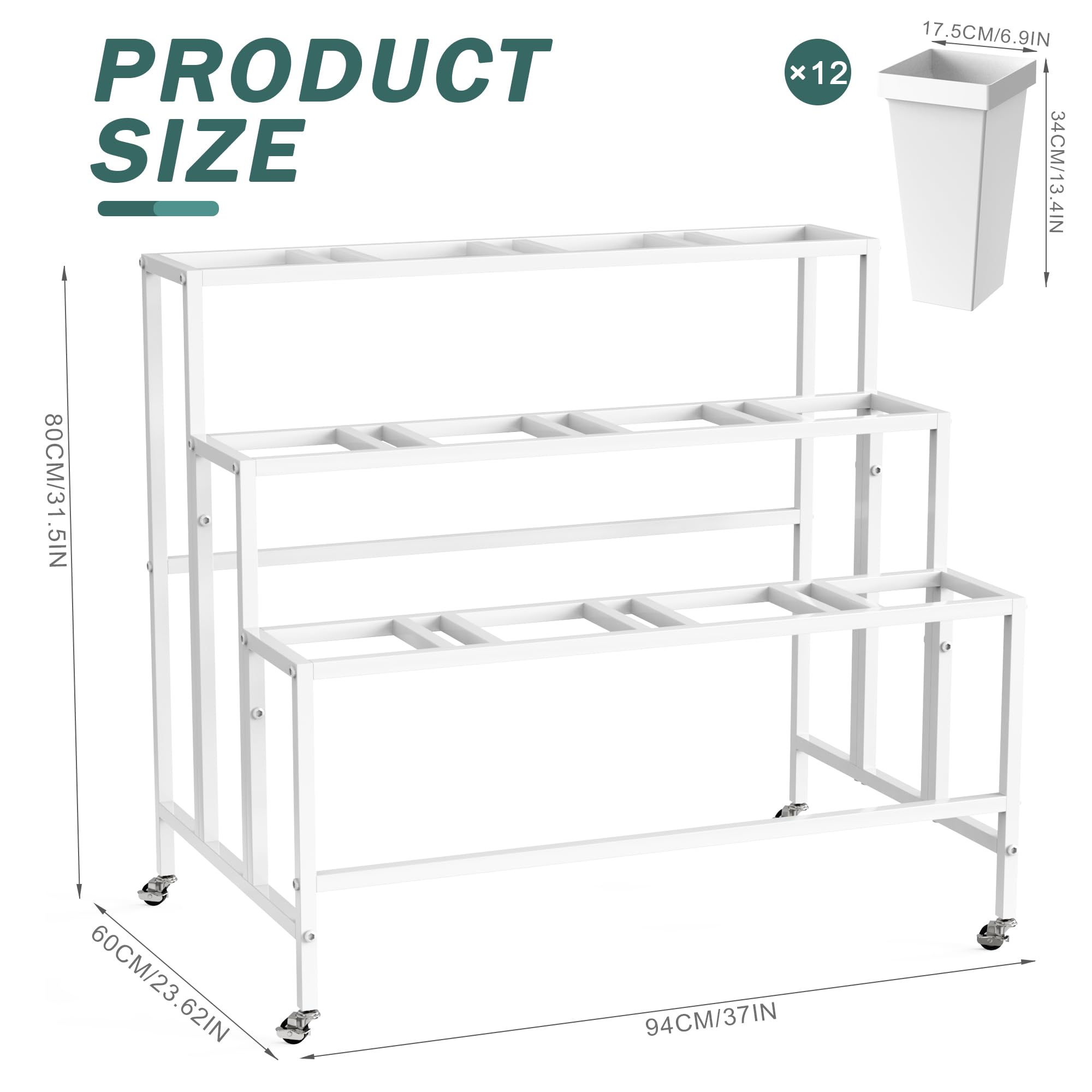 3-Tier Flower Display Stand with 12 Buckets and Wheels
