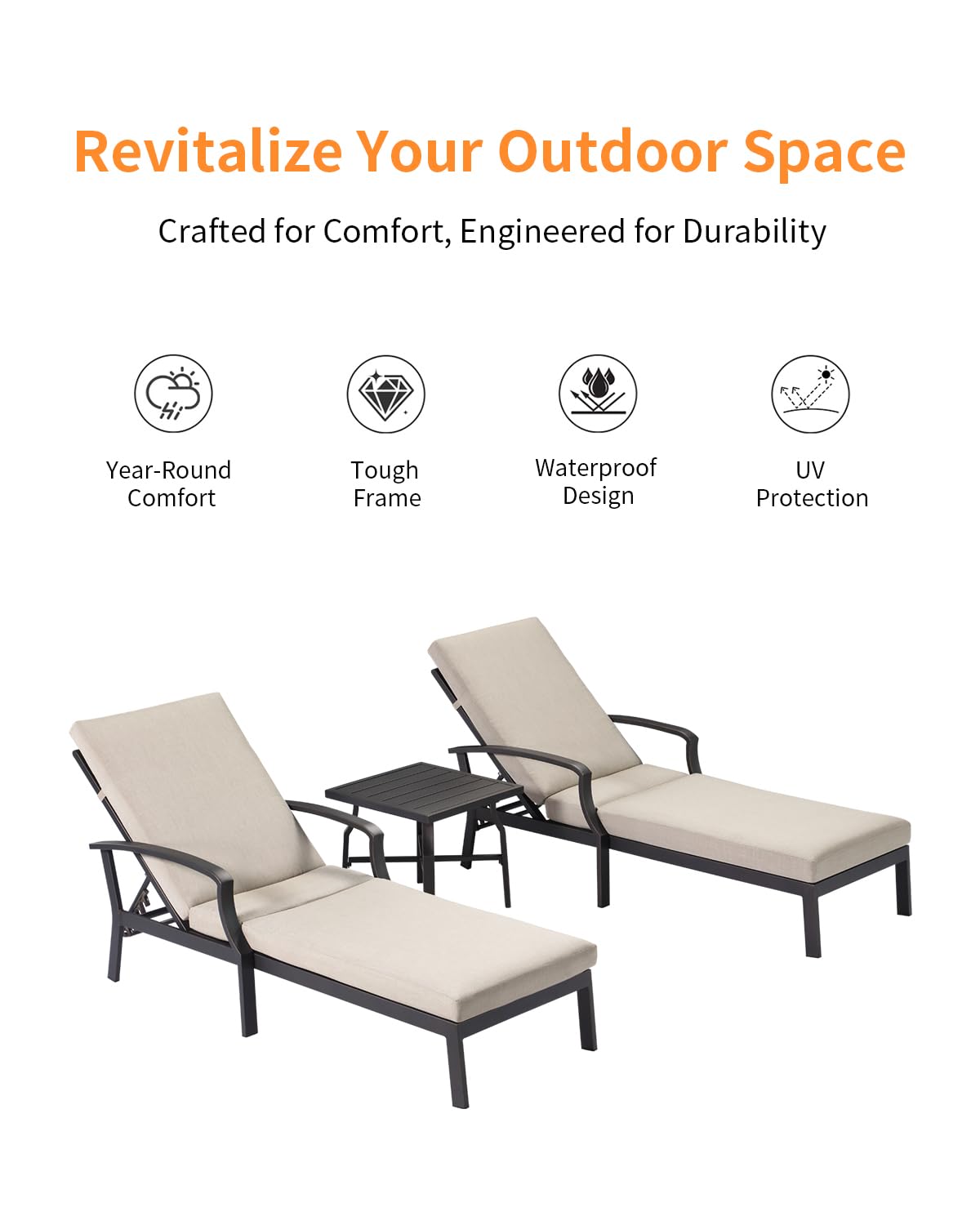3-Piece Outdoor Chaise Lounge Set with Side Table