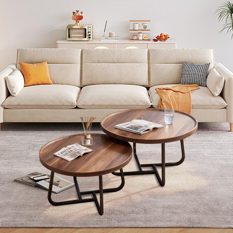 Round Nesting Coffee Table Set of 2 - Walnut with Fluted Design
