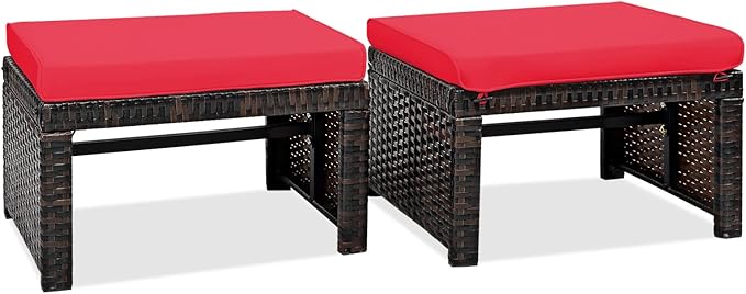 2-Piece Wicker Outdoor Ottoman Set with Removable Cushions