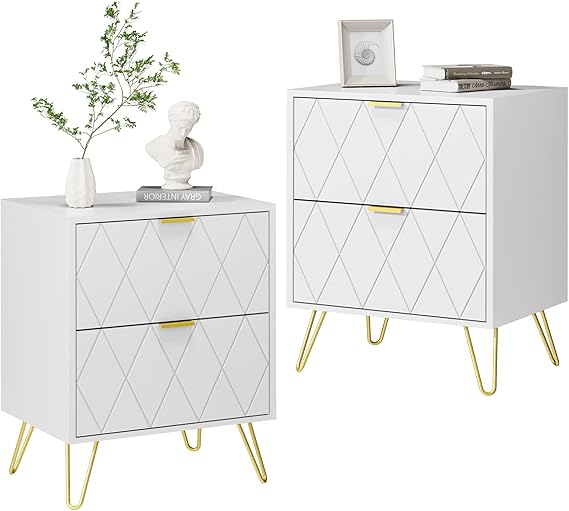 Pink Nightstand Set of 2 with 2 Drawers and Gold Legs