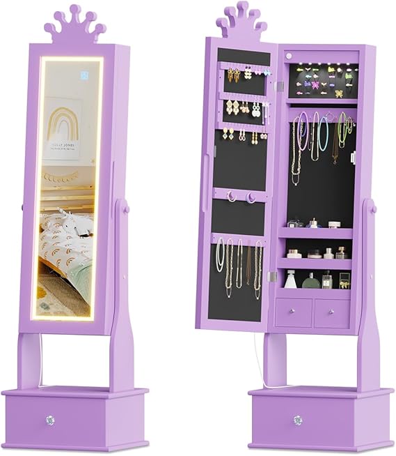 Kids Jewelry Armoire with LED Light and Full Length Mirror