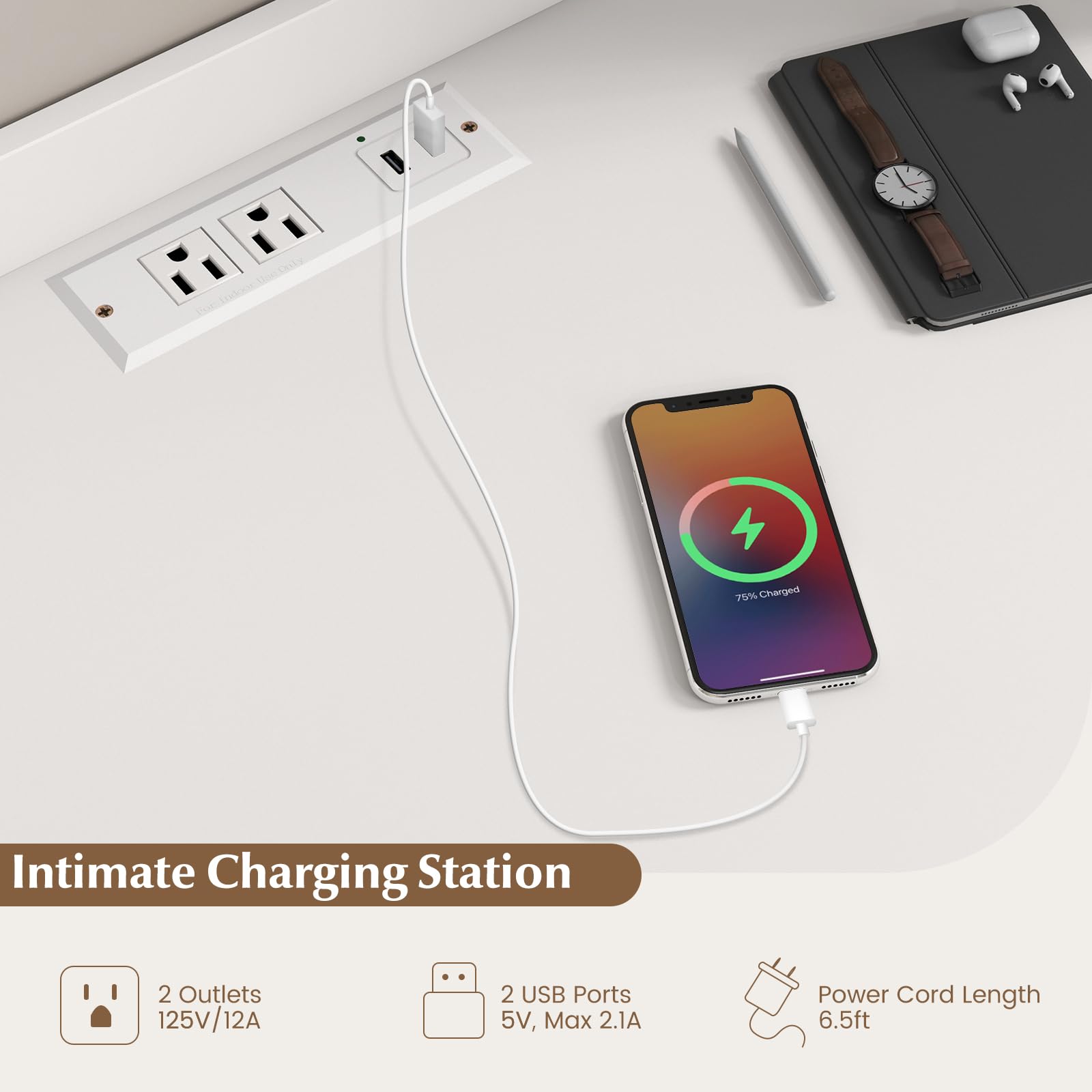 White Computer Desk with Hutch and Power Outlet