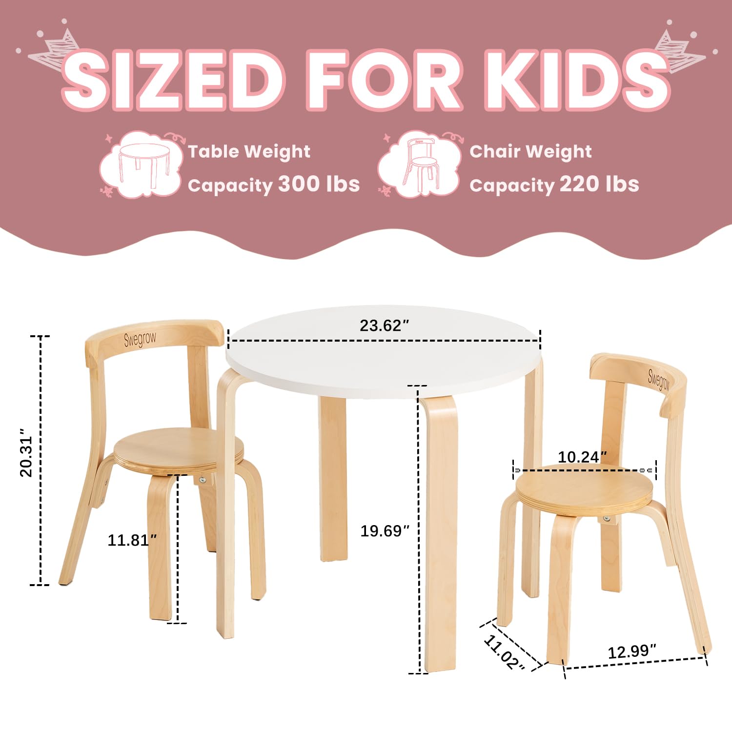 Swegrow Kids Table and 2 Chairs Set, Wooden Table and Chairs for Kids & Toddler，Kid Wooden Furniture for Playroom/Home/Kindergarten