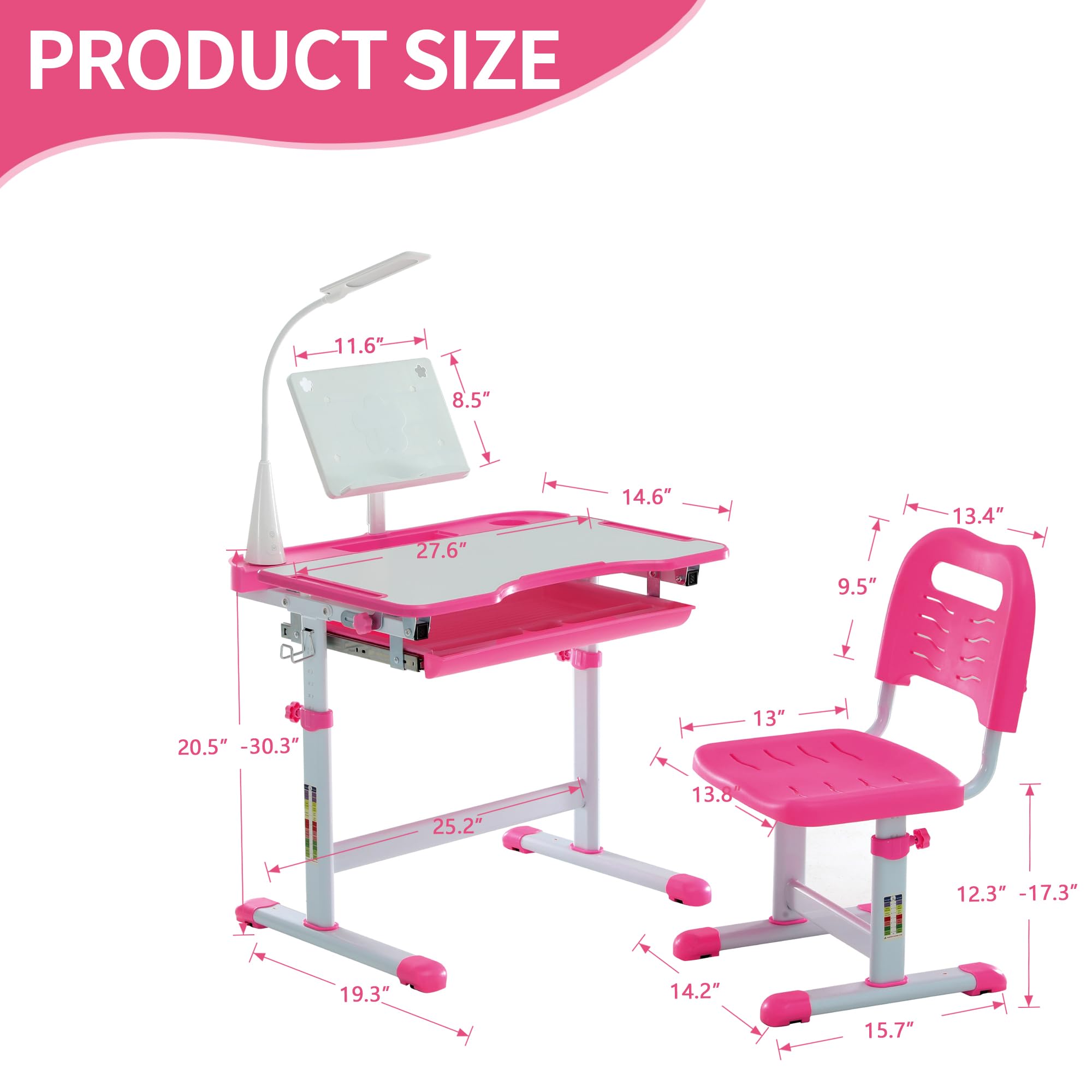 Kids Height Adjustable Desk and Chair Set with LED Light and Storage