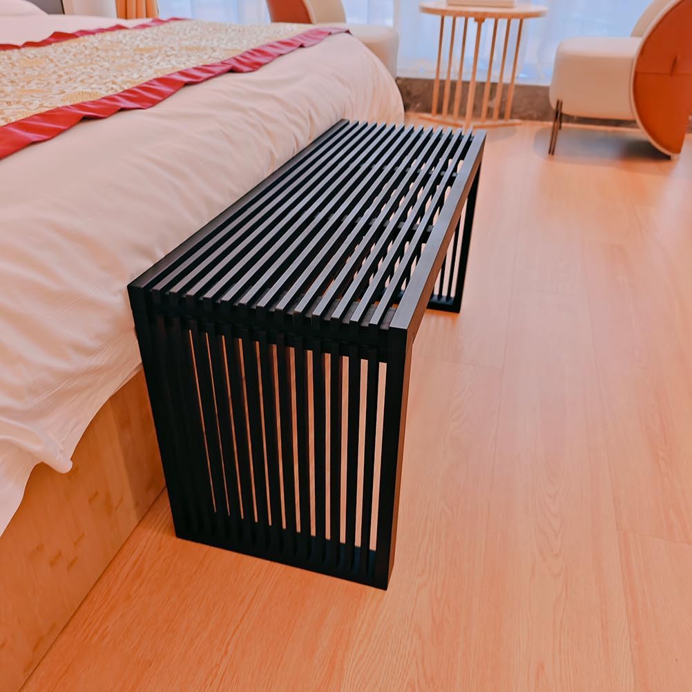 Wooden Slatted Bench Black Modern Design