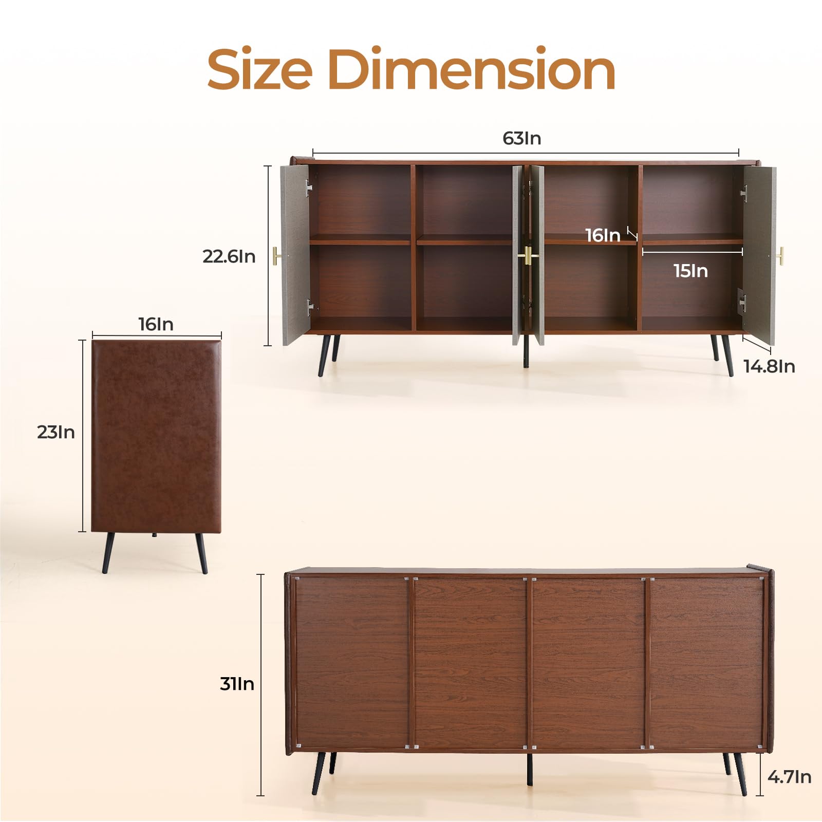Mid-Century Buffet Cabinet with Storage 63" Wide