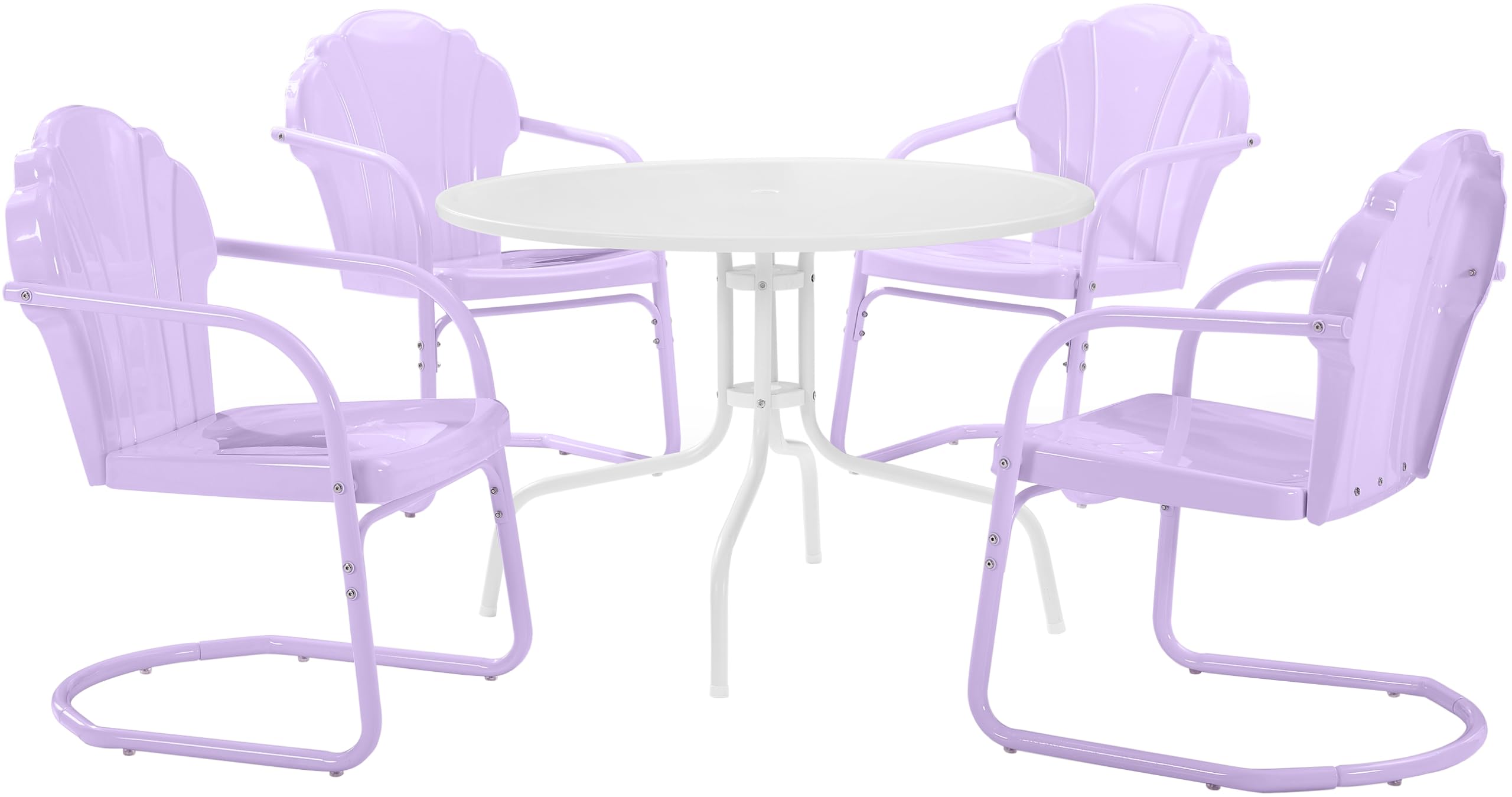 Crosley Furniture Tulip 5-Piece Outdoor Dining Set for 4, Vintage Retro Metal Round Patio Table and Chairs, Lavender Gloss/White Satin