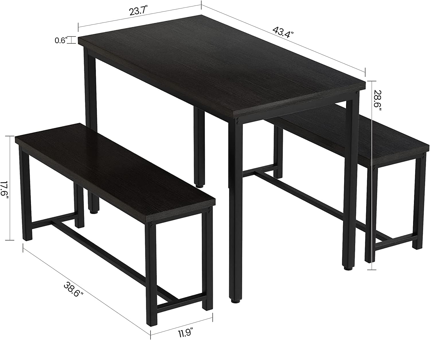 Dining Table Set with 2 Benches Black