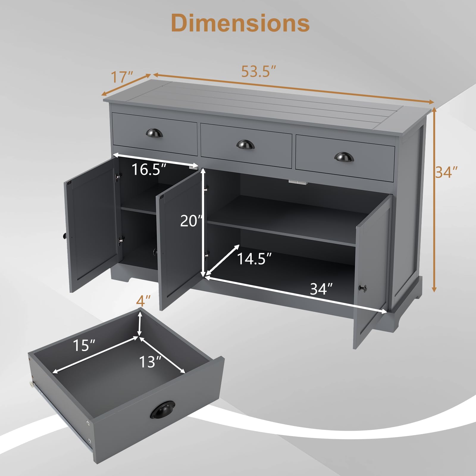 Grey Sideboard Buffet Cabinet with 3 Drawers and 2 Doors
