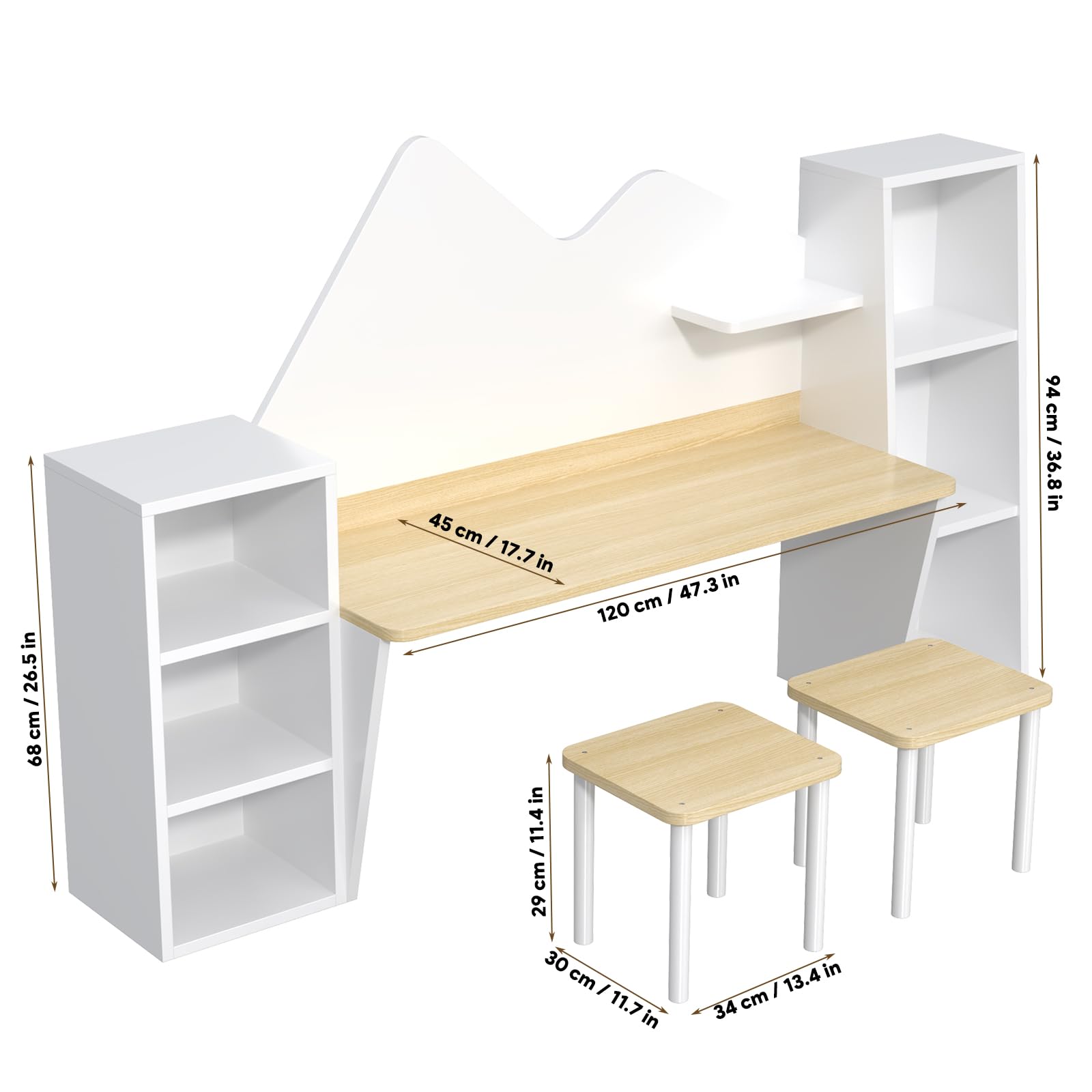 NKUGCFC Wooden Kids Study Desk with Bookshelves and 2 Stools,Kids Desk and Chair Set with 6 Storage Cabinets for Ages 3-8,Boys & Girls Study Desks for Bedroom and Kidsroom
