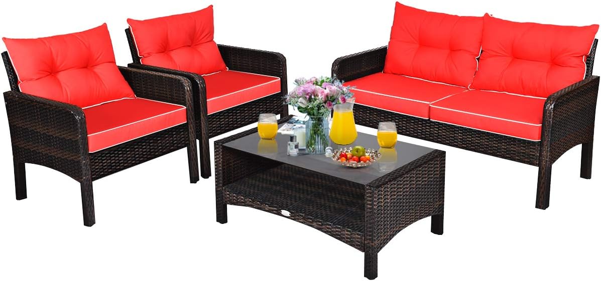 4 Piece Outdoor Patio Furniture Set with Glass Coffee Table