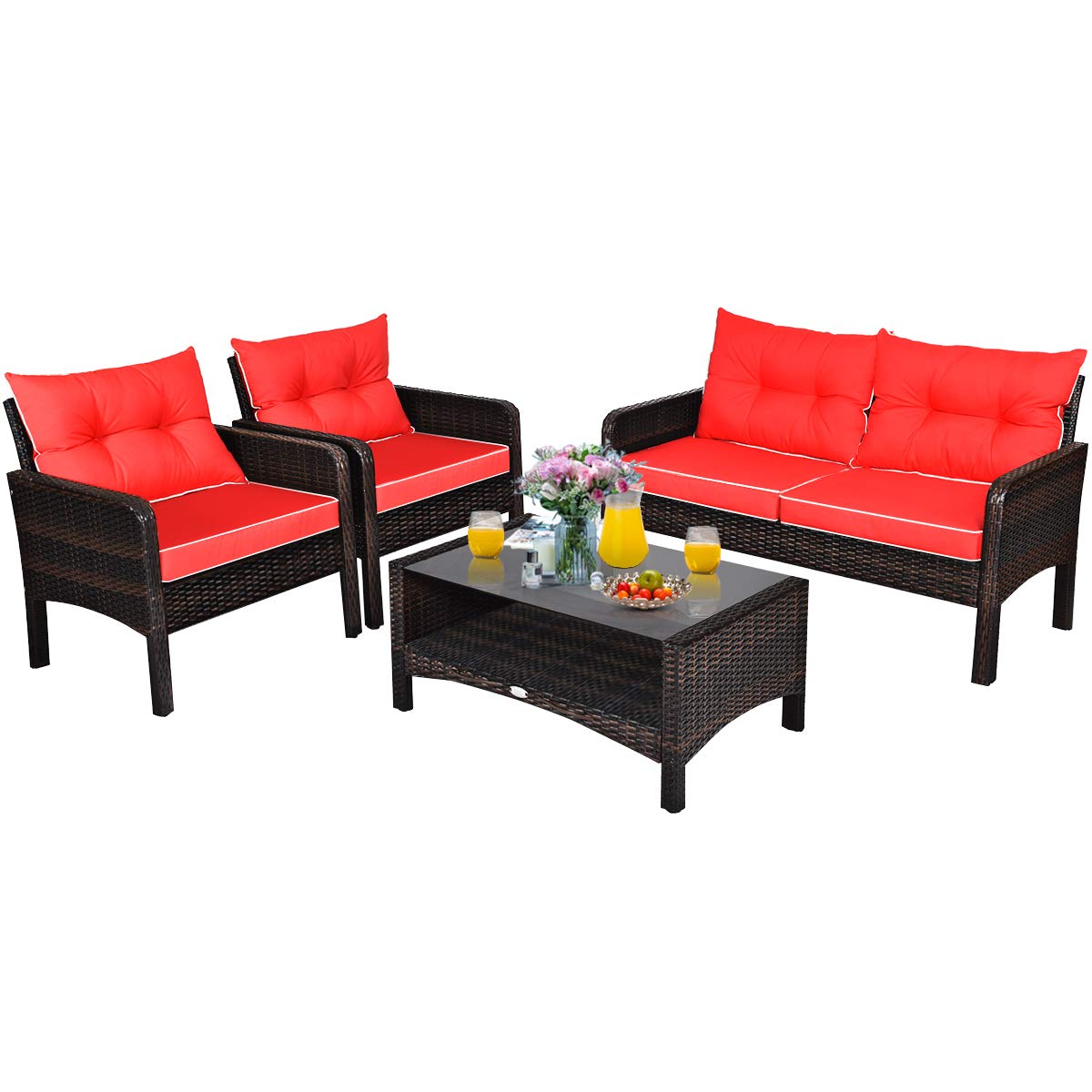 4 Piece Outdoor Patio Furniture Set with Glass Coffee Table