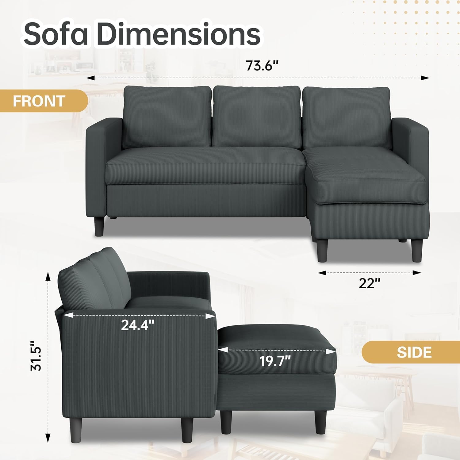 3-Seat Convertible L-Shaped Sectional Sofa with Reversible Ottoman