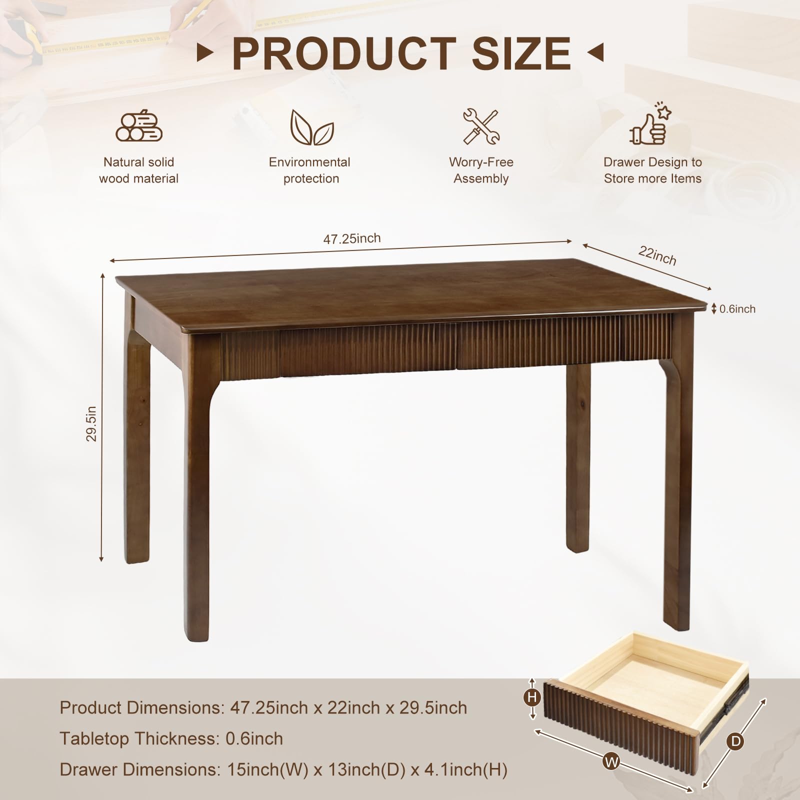 Solid Wood Writing Desk with 2 Drawers