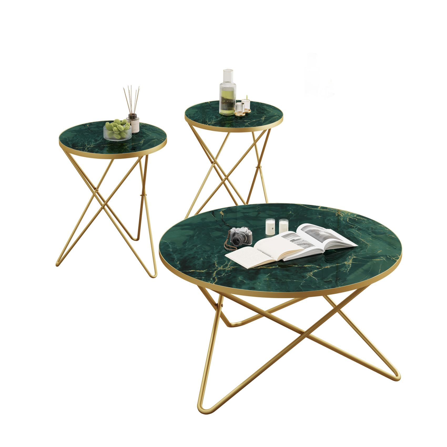 Round Coffee Table and Side Table Set of 3 with Faux Marble Top