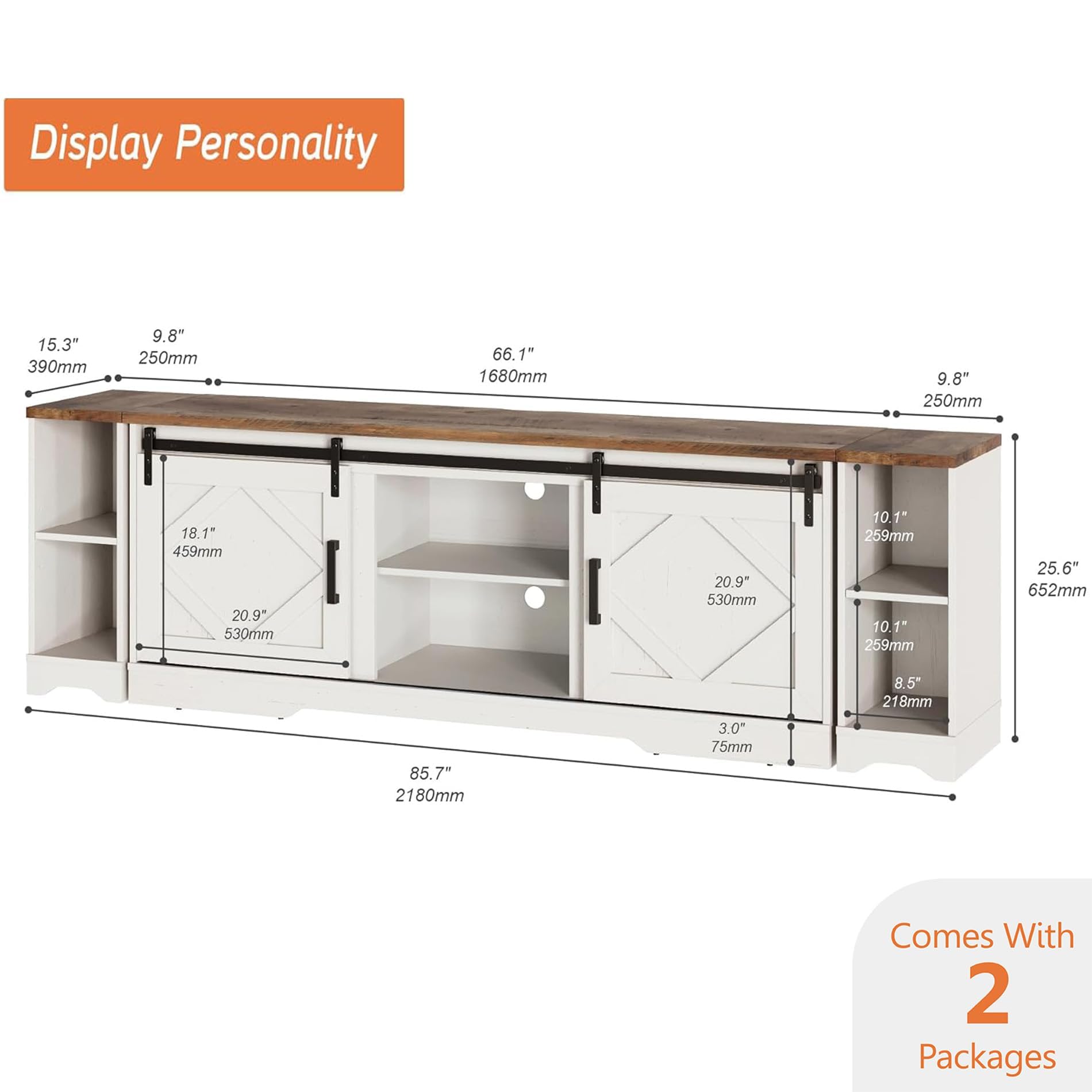Modern Farmhouse 3-in-1 TV Stand for 95" TVs with Sliding Barn Doors