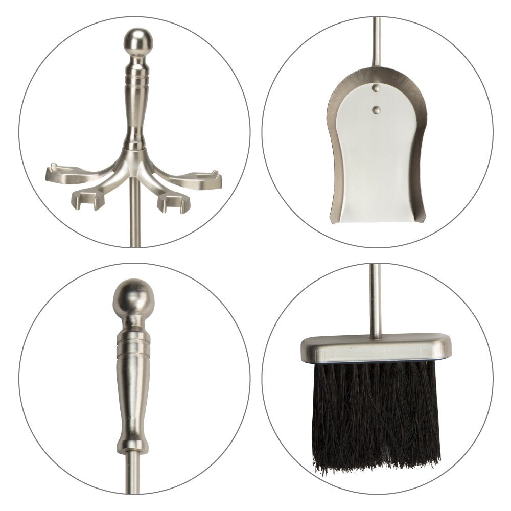 5-Piece Satin Pewter Fireplace Tools Set with Pedestal Stand