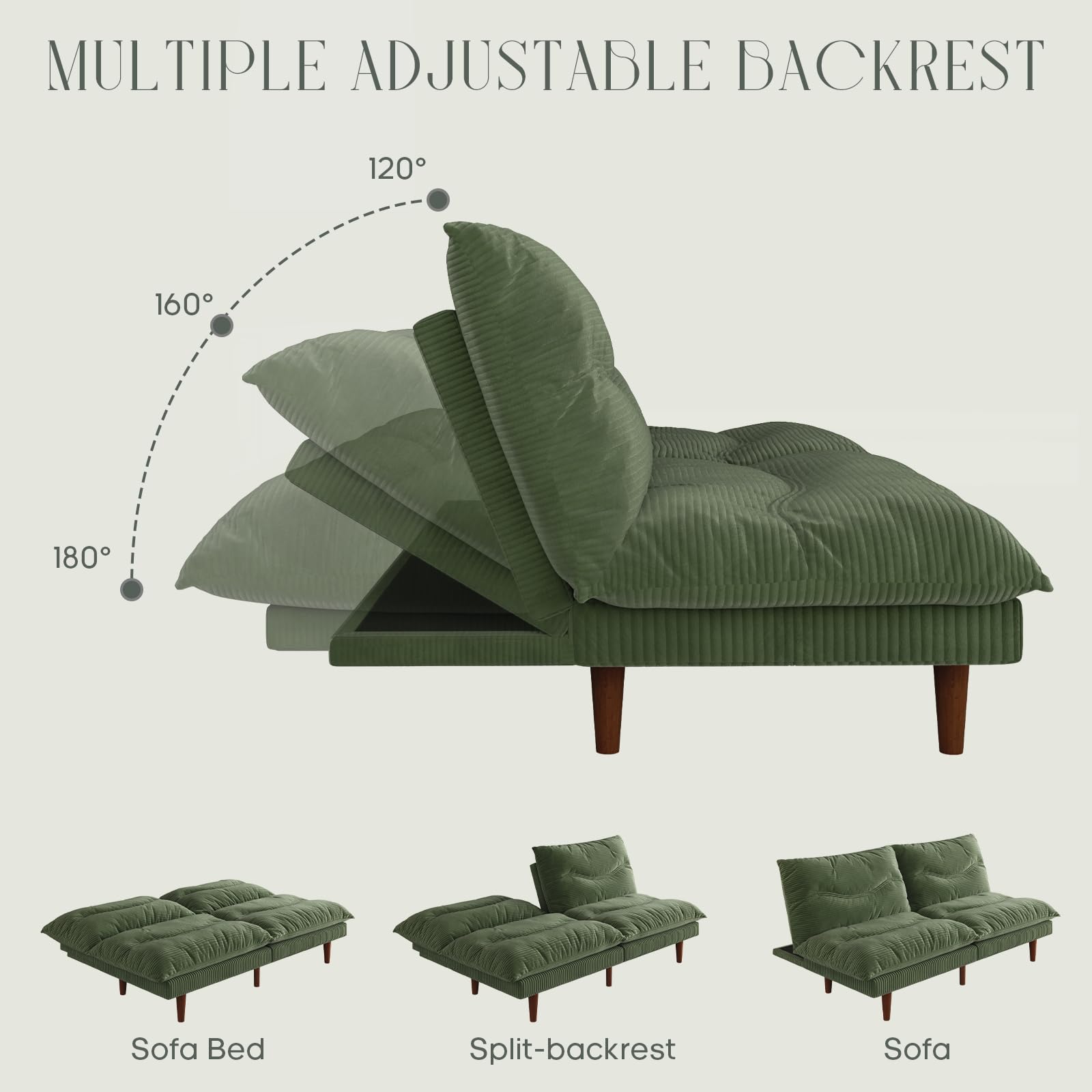 Convertible Futon Sofa Bed with Adjustable Backrest - 69 Inch Corduroy Sleeper Couch