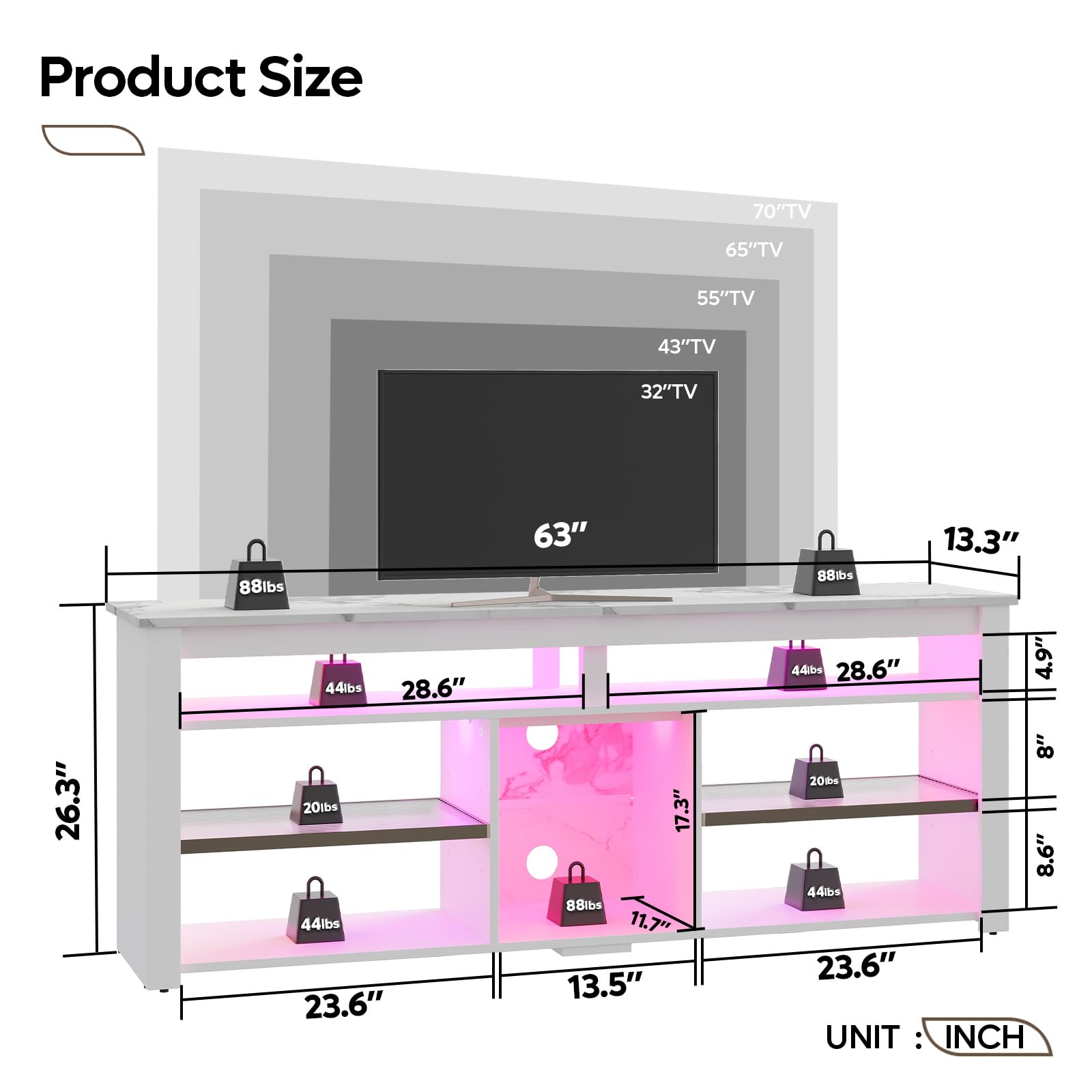 TV Stand for 70 Inch TV with LED Lights and Storage
