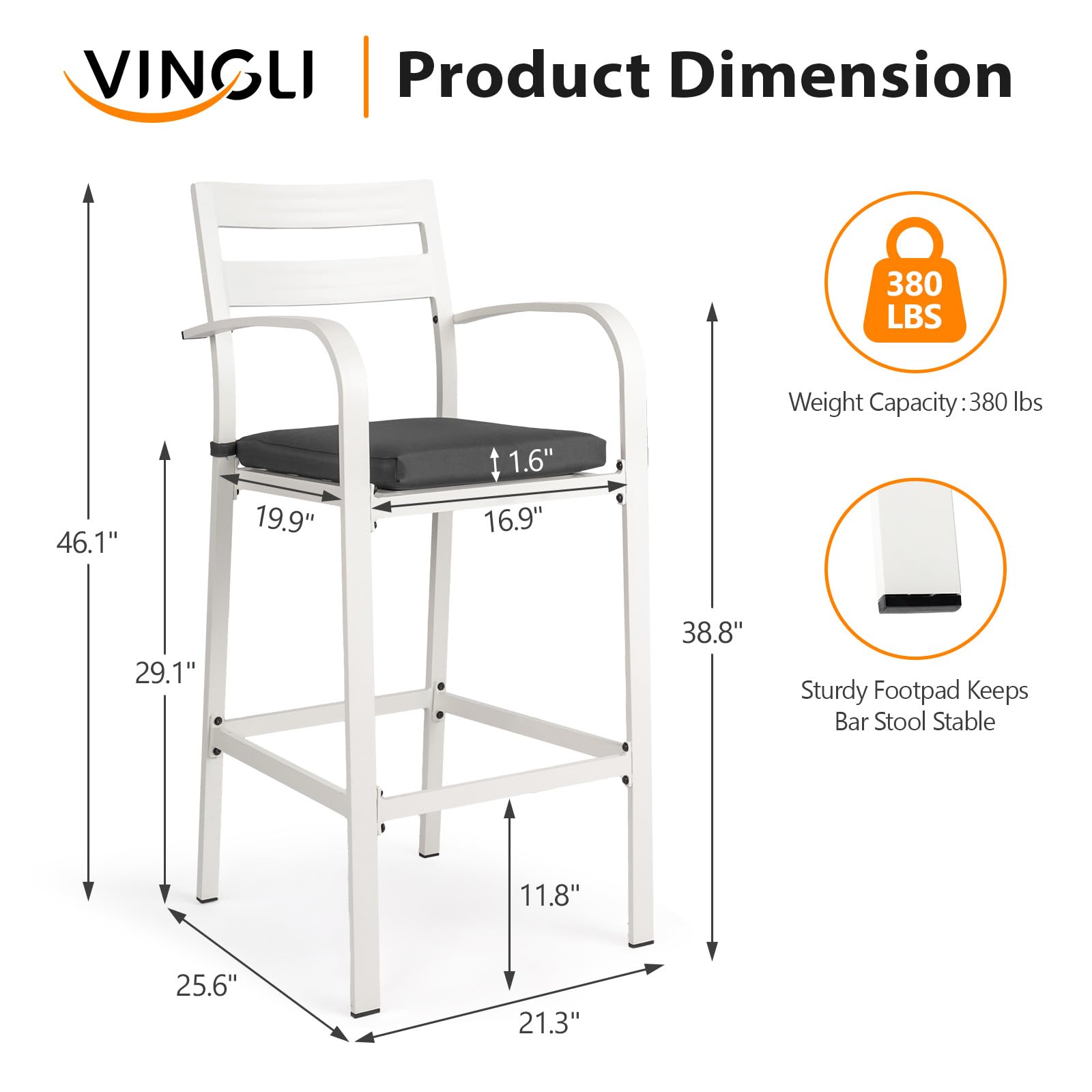VINGLI Outdoor Bar Stools Set of 2, All-Weather Bar Height Aluminum Stools with 1.6" Thick Cushion, Rust-Proof Patio Chairs for Backyard, Poolside, Balcony & Kitchen Island (White)
